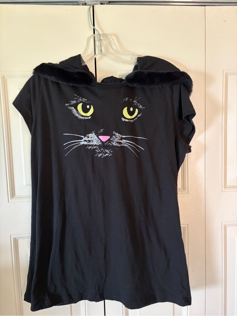 Cat Face Hooded Top with Faux Fur Trim sequin ears, comfy stretch fun JR XL